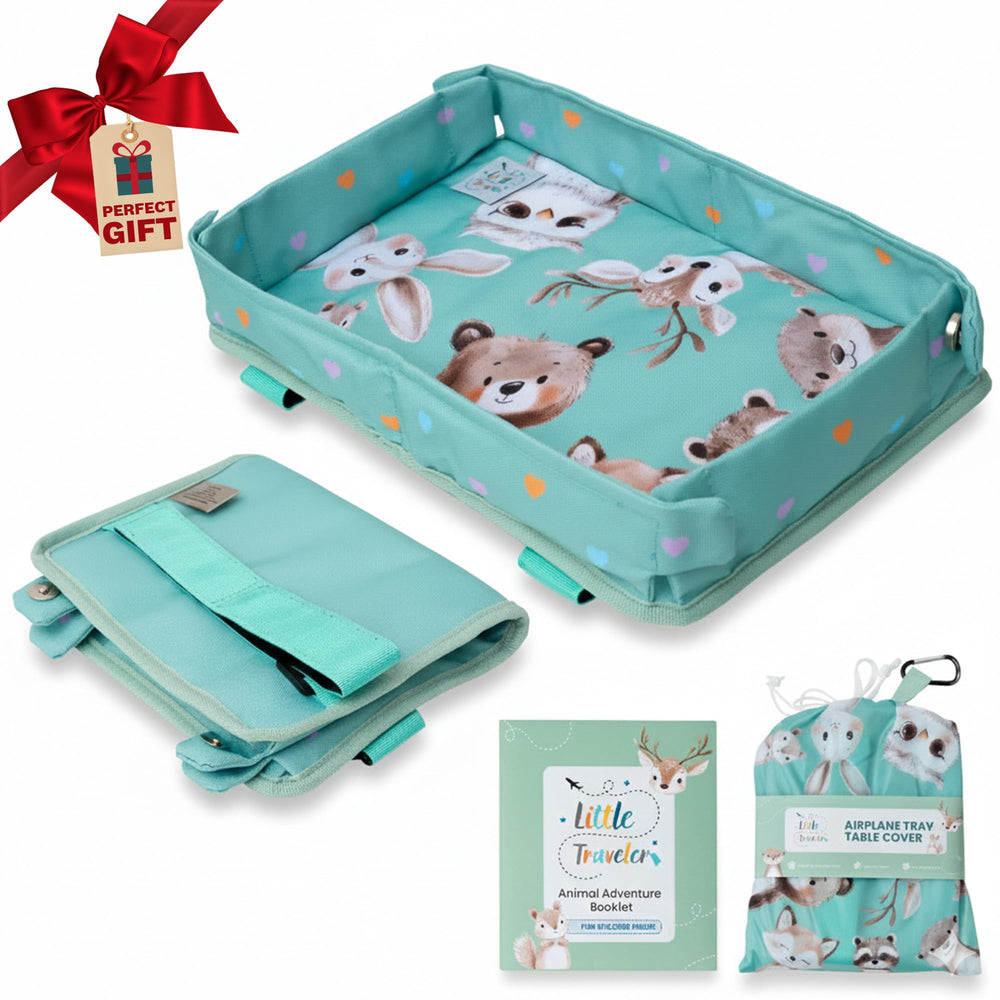 Little Traveler tray cover waterproof surface keeps airplane trays clean for snacks and play.