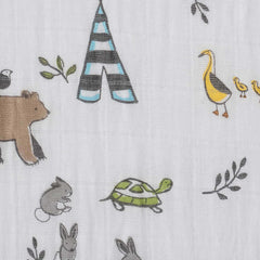 Little Unicorn Forest Friends closeup of muslin texture for airy softness.
