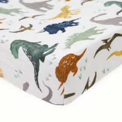 Little Unicorn Dino Friends changing pad cover pattern close-up highlights colorfast print.