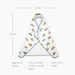 Little Unicorn hooded bath towel size 42x47 inches offers generous toddler coverage.