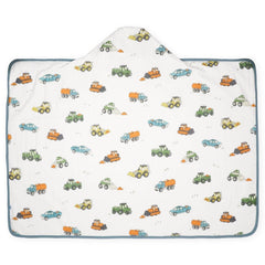 Little Unicorn hooded bath towel with work trucks design for playful drying sessions.