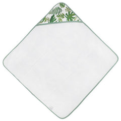 Little Unicorn hooded towel tropical leaf hood detail showing snug wrap.