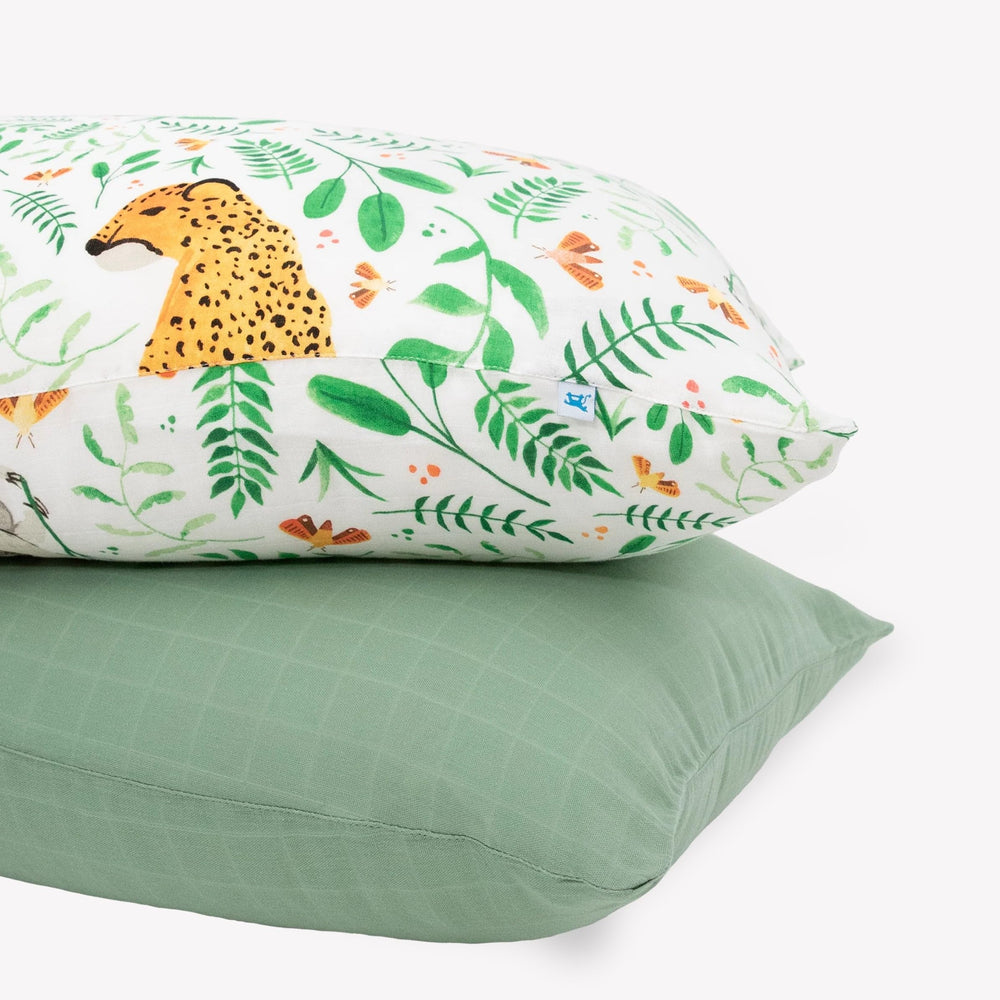 Little Unicorn Mighty Jungle pillowcase close-up shows ultra-soft muslin for cozy sleep.