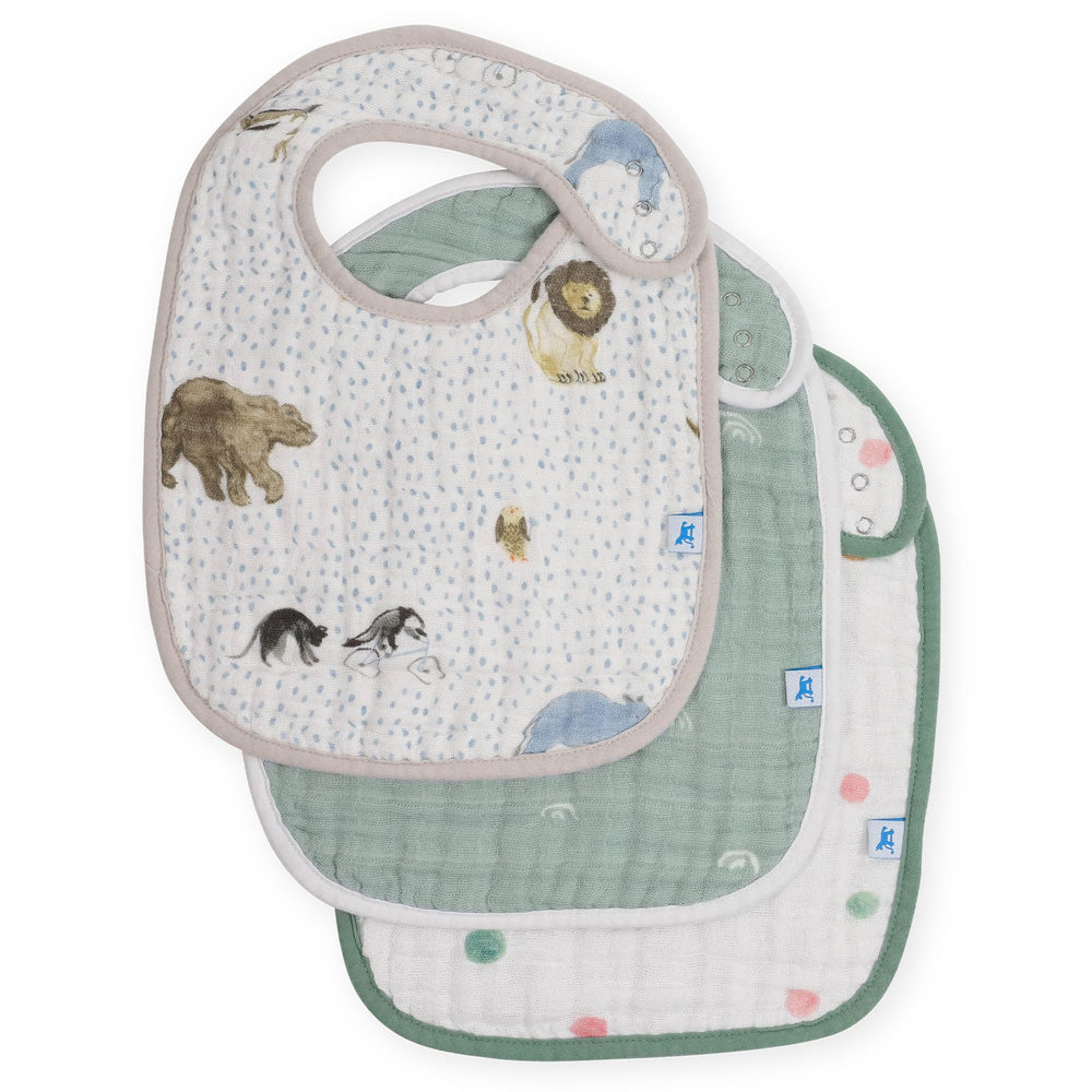 Little Unicorn Premium Classic Bib Party Animals pattern keeps outfits clean during meals