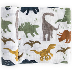 Little Unicorn premium cotton swaddle dino friends closeup shows breathable muslin for cozy nights
