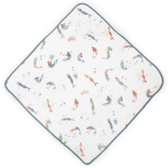 Little Unicorn mermaids hood closeup showing soft terry and snug fit.