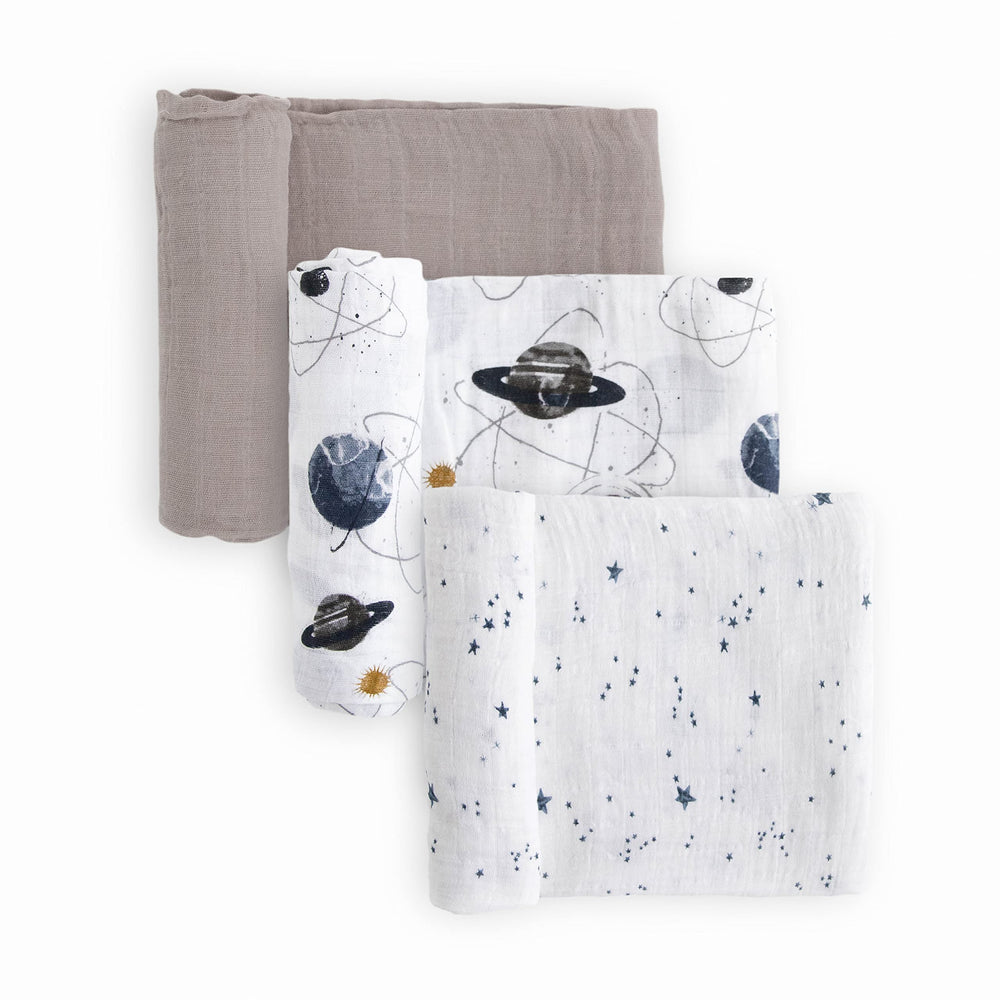 Little Unicorn swaddle Planetary 2 closeup shows breathable cotton for cozy naps.