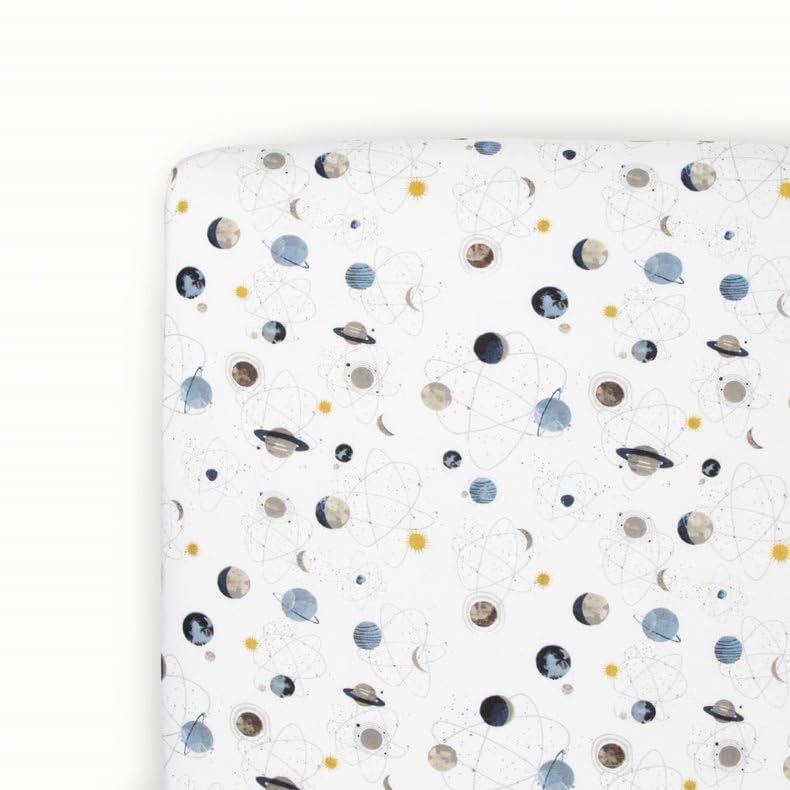 Little Unicorn Premium Stretch Knit Crib Sheet with planets pattern offers soft, safe bedtime comfort.