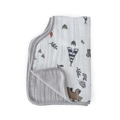 Little Unicorn burp cloth Forest Friends closeup shows soft cotton layers for gentle comfort.