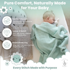 Little Dedi sage crib scene shows durable organic cotton for newborn softness