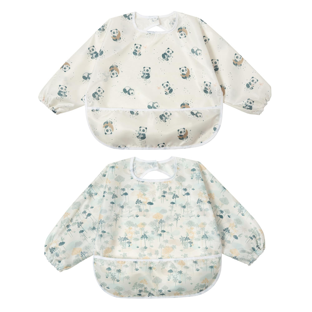 Little Dimsum Mess-Proof Bib cover-full-view shows full chest-to-knee protection during meals.
