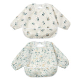 Little Dimsum Mess-Proof Bib cover-full-view shows full chest-to-knee protection during meals.