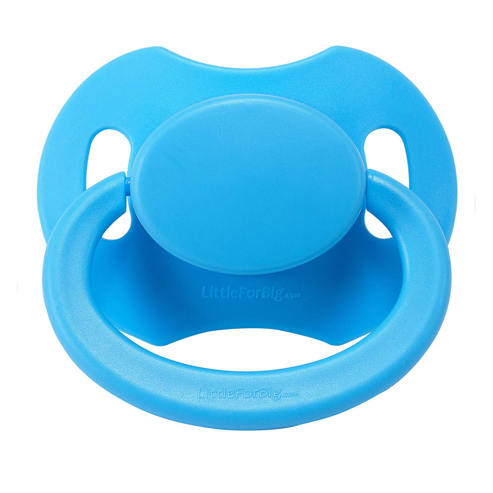 LittleForBig Bigshield Gen-II adult pacifier blue nipple close-up highlighting the natural-feel silicone teat.