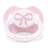 LittleForBig Bigshield Gen-II pacifier with girl pattern and pink bow button for playful style and comfort.