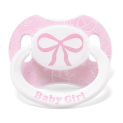 LittleForBig Bigshield Gen-II pacifier with girl pattern and pink bow button for playful style and comfort.