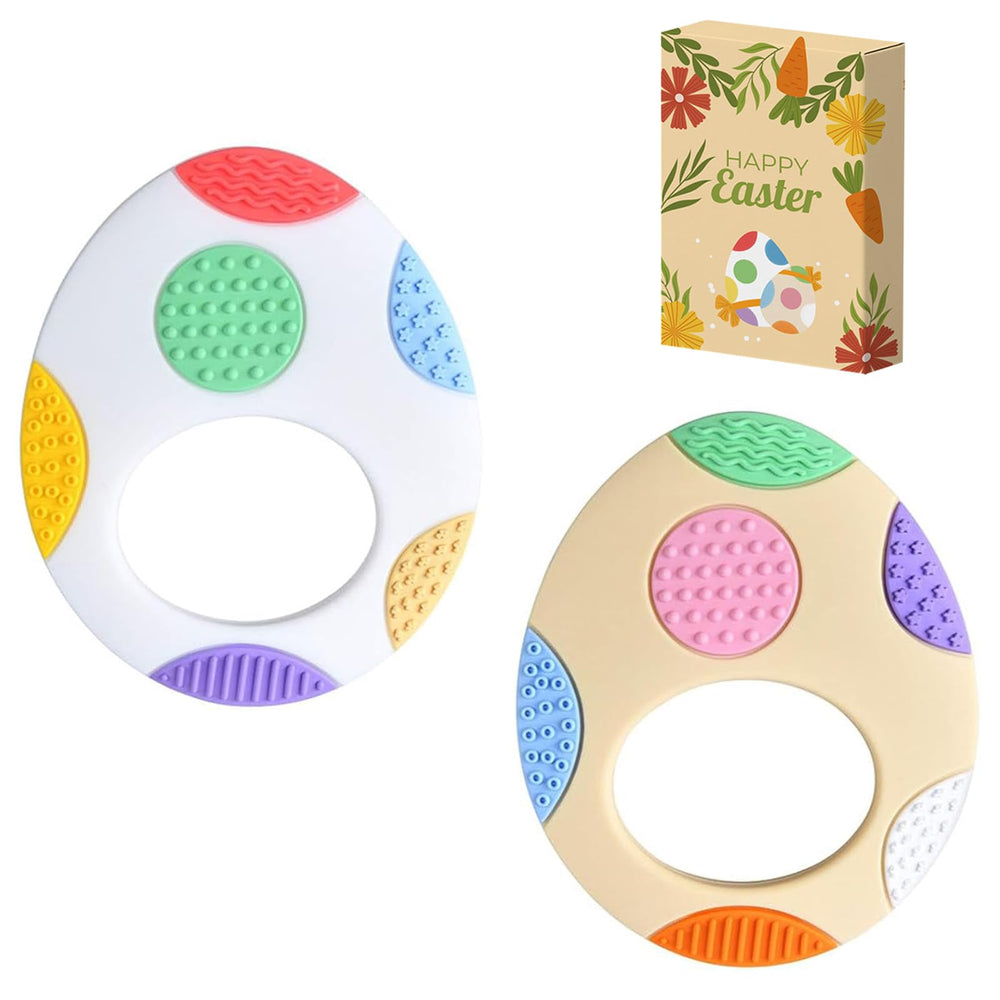LittleLamb Easter Egg Teether pack closeup shows colorful textures for gentle gum stimulation