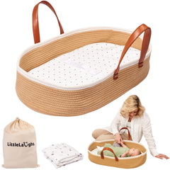LittleLaughs Moses Basket with muslin blanket for portable baby care on the go.