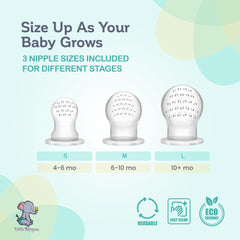 LittleWhispers fresh fruit in feeder highlights safe silicone for little mouths.