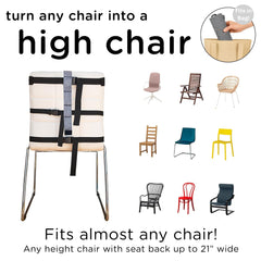 liuliuby Compact Travel High Chair shows 3-height harness for babies and toddlers.