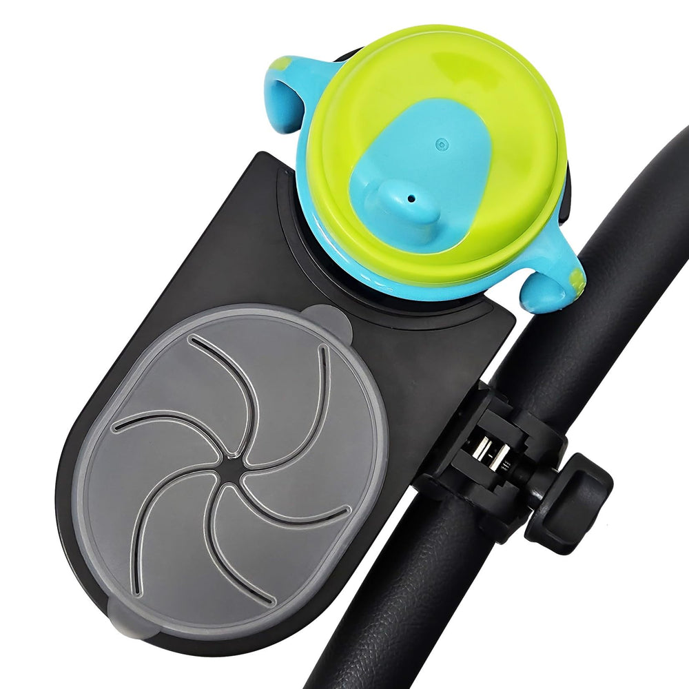 liuliuby universal stroller snack tray clip-on demonstrates quick install for on-the-go snacking