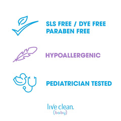 Live Clean Baby Soothing Relief Wash ingredients panel, natural extracts support gentle cleansing