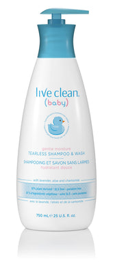 Live Clean Baby Tearless Shampoo & Wash bottle shows gentle bath time cleanser for delicate skin
