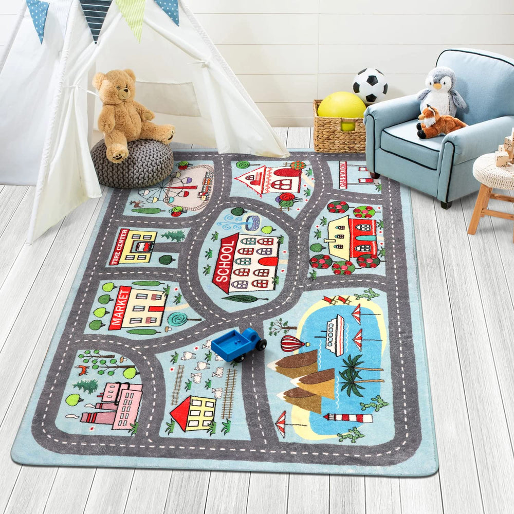 LIVEBOX kids rug car-track design promotes imaginative play and motor skills
