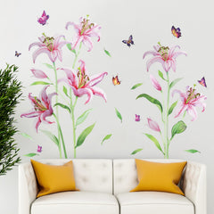 LiveGallery pink lily wall sticker with butterflies accentuating romantic room ambiance
