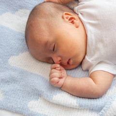 Living Textiles Blue Clouds Chenille blanket gift packaging ready for a baby shower.