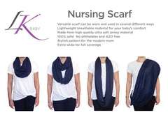 LK Baby navy infinity scarf nursing cover worn as stylish shield