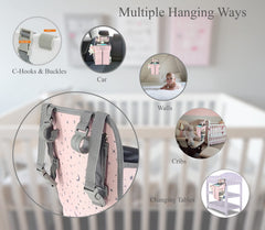 Llama Bella diaper caddy with toy, towel, and diaper compartments for quick access.