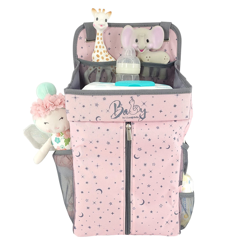 Llama Bella Hanging Diaper Caddy pink closeup highlights durable fabric and upright stability.