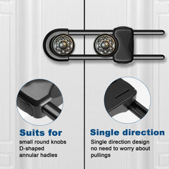 LLOOC cabinet locks securing a cabinet handle to prevent curious access.