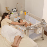 LMOTAU Pack and Play bedside sleeper setup enables easy nighttime access and soothing sleep.