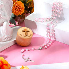Loetere pink rosary set displayed for baby shower or baptism with versatile keepsake use.