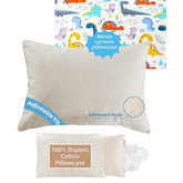 LOFE Organic Plilow with dinosaur pillowcase shows adjustable height for kids' neck support.
