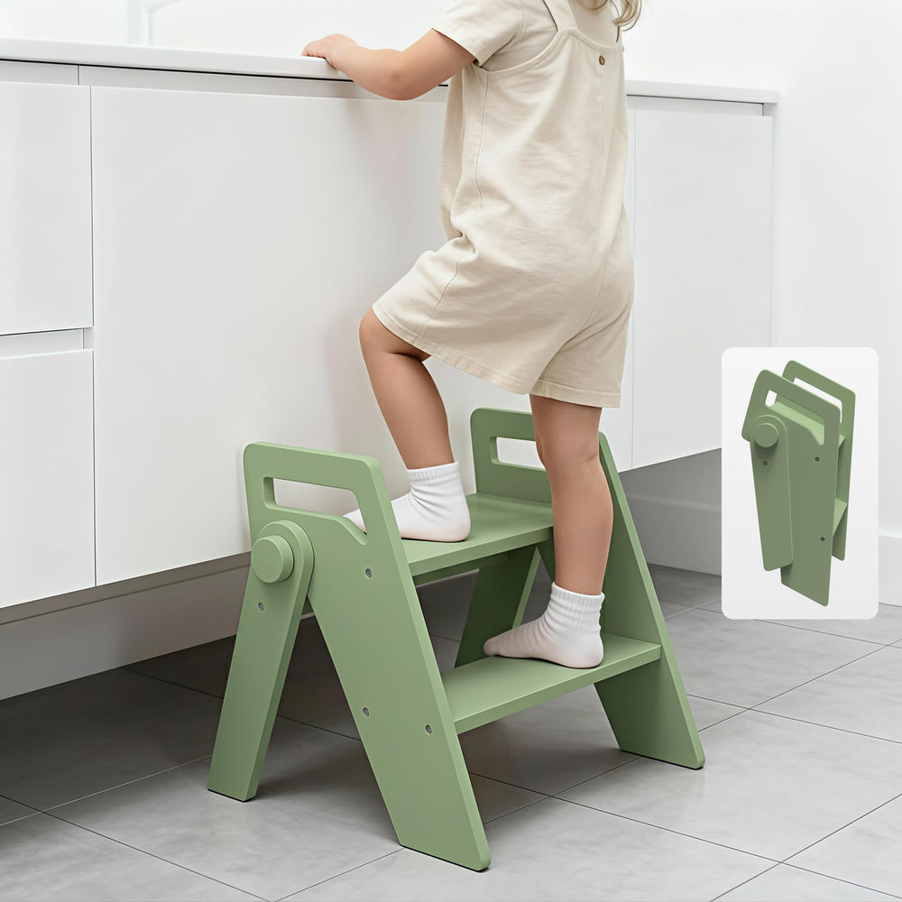 LOHASOK wooden 2-step stool folded green for compact storage.