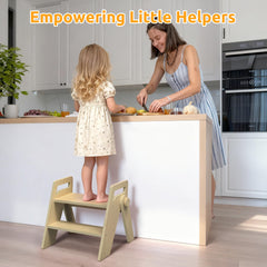 LOHASOK wooden 2-step stool folded for compact storage in small spaces