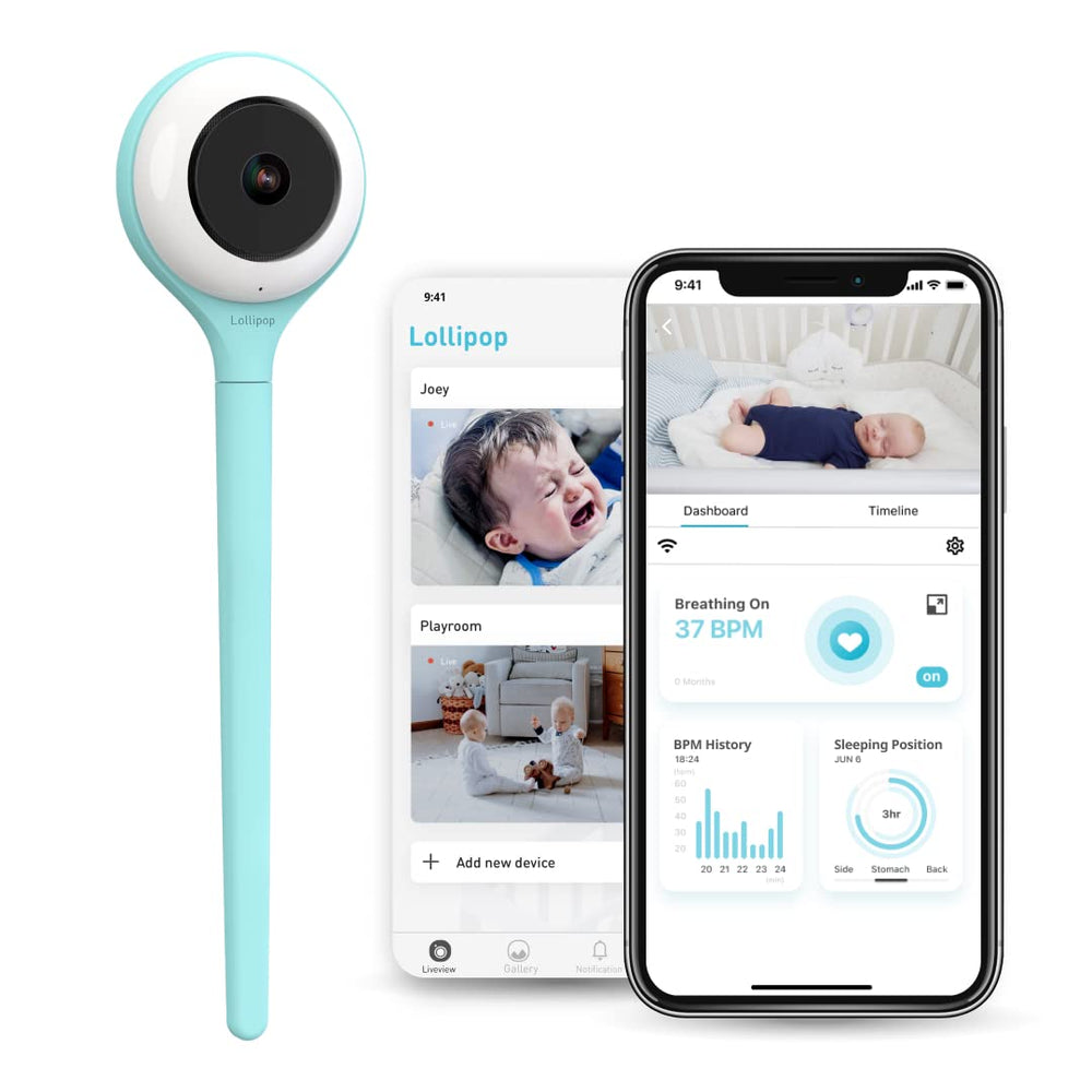 Lollipop baby monitor turquoise front view shows clear 1080p monitoring for peace of mind