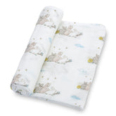 LollyBanks 100% cotton muslin swaddle with rabbit print, front view for cozy newborn cuddles.