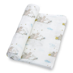 LollyBanks 100% cotton muslin swaddle with rabbit print, front view for cozy newborn cuddles.