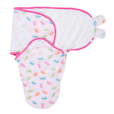 LollyBanks baby swaddle Macarons print top view promotes secure, breathable sleep with organic cotton.