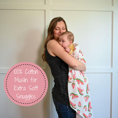 LollyBanks 100% cotton muslin swaddle breathable lightweight design ideal for naps.