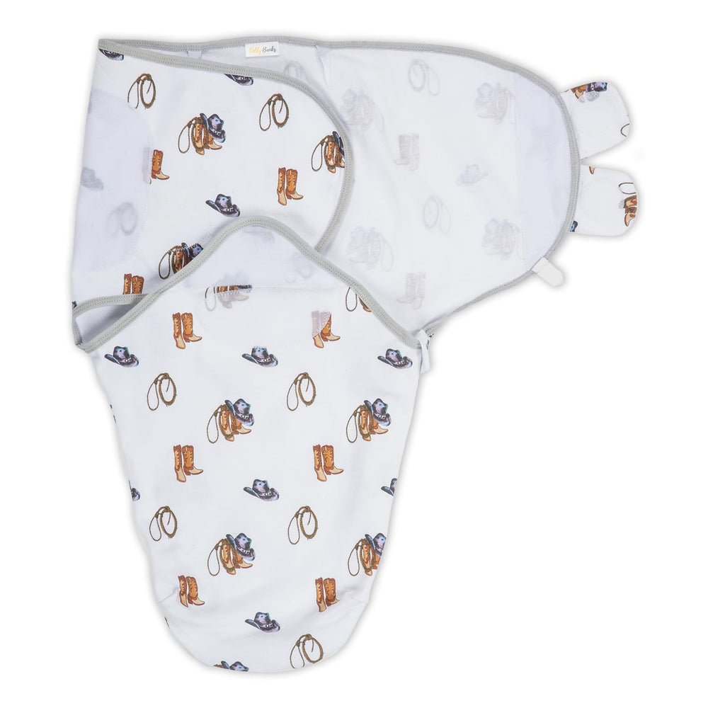 LollyBanks cowboy-swaddle fabric close-up shows soft organic cotton for gentle skin.