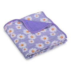 LollyBanks Muslin Baby Blanket daisy design close-up shows soft breathable fabric for gentle skin.