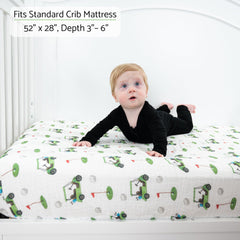 LollyBanks golf-cart print sheet enables cozy, wriggle-friendly naps with secure elastic corners.