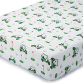 LollyBanks muslin crib sheet with golf cart print delivers breathable 100% cotton comfort for naps.