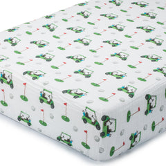 LollyBanks muslin crib sheet with golf cart print delivers breathable 100% cotton comfort for naps.