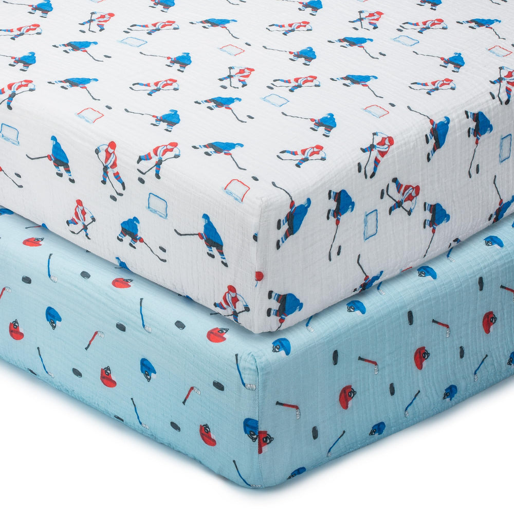 LollyBanks Muslin crib sheets with ice hockey print offer breathable, playful sleep space.