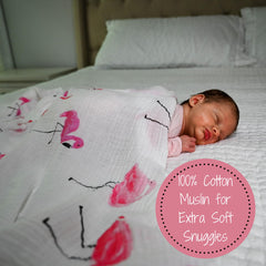 LollyBanks 47x47 swaddle blanket laid flat to emphasize generous wrapping space.